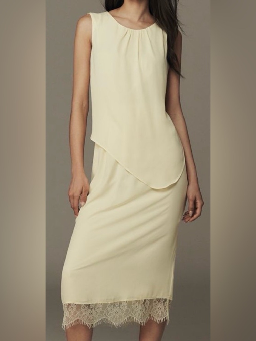 Exquise Alix Dress: Sleeveless Layered Chiffon Midi/LaceHem/Butter Yellow: S